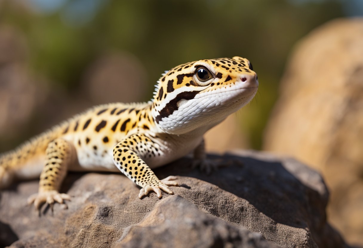 A full-grown leopard gecko perched on a rocky outcrop, basking under a warm light with its vibrant spotted skin glistening in the sunlight