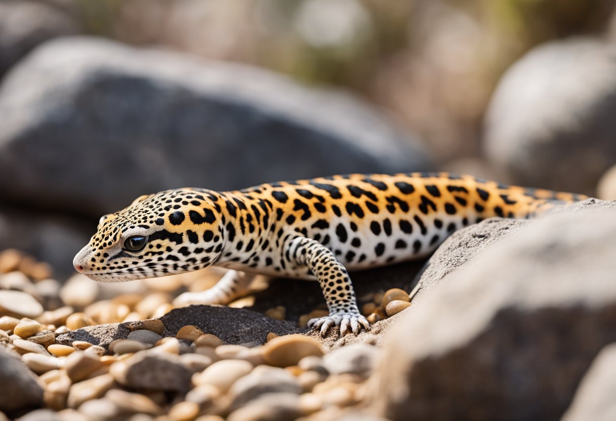 A full-grown leopard gecko resting on a rocky surface, with its vibrant orange and black spotted skin, and its long tail curled around its body