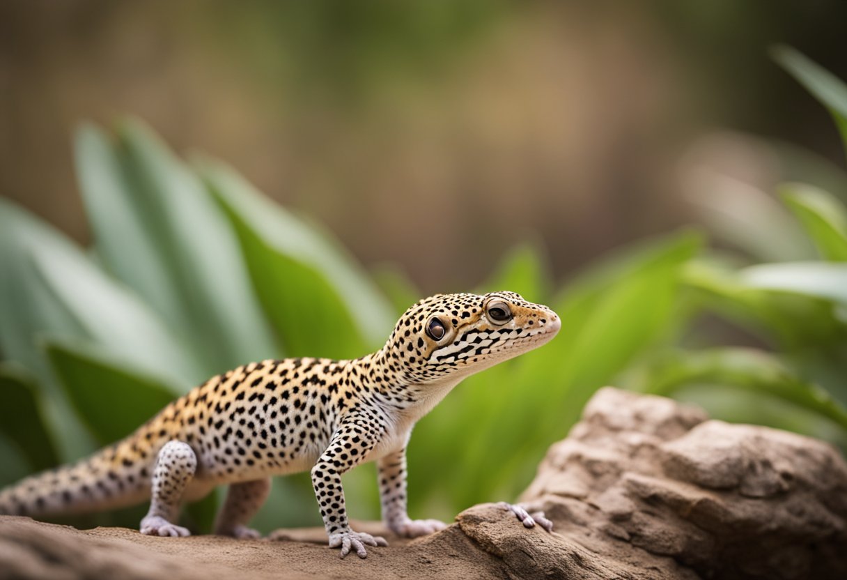 A leopard gecko stands on its hind legs, flicking its tongue in and out as it surveys its surroundings with alert, curious eyes
