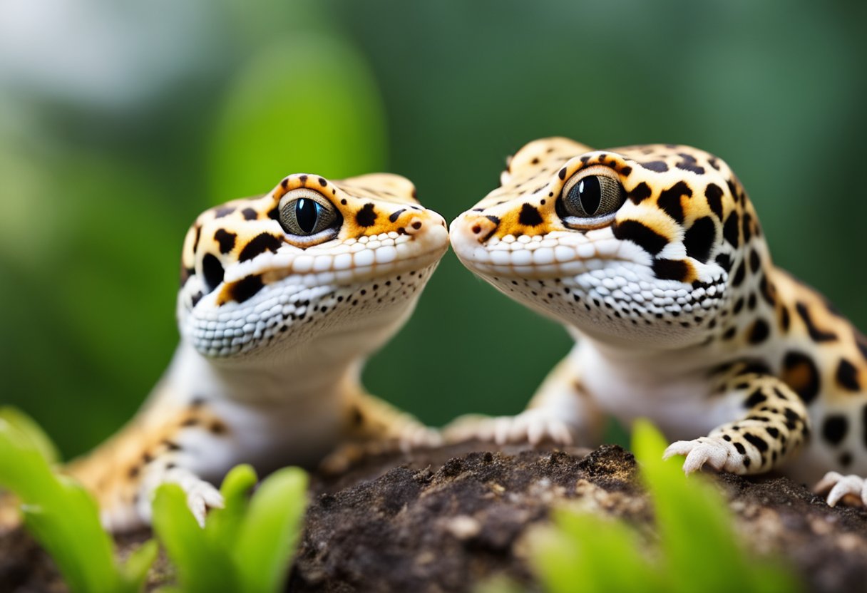 A male and female leopard gecko are engaging in courtship behavior, with the male nuzzling and licking the female to initiate mating