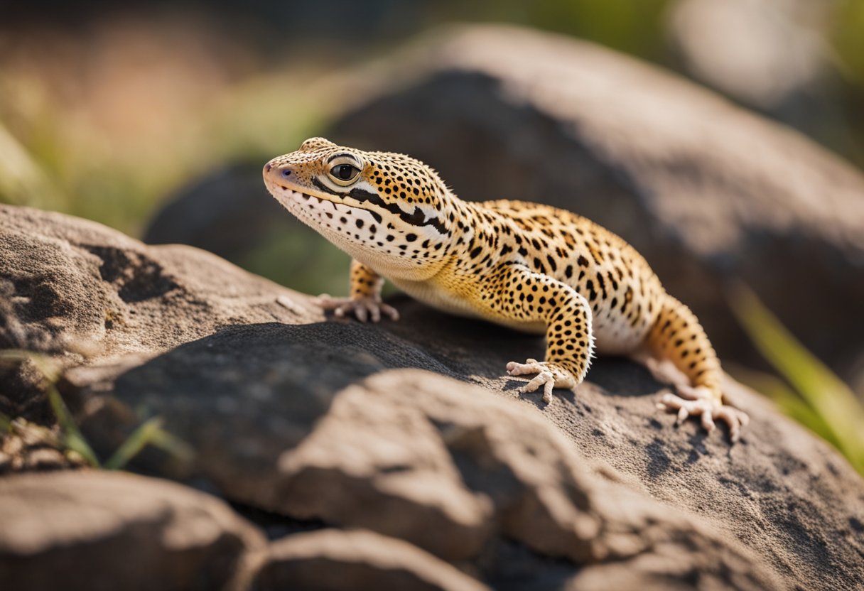A leopard gecko sits on a warm rock, its tongue flicking out as it searches for food. Its belly is slightly sunken, indicating it has not eaten in a while