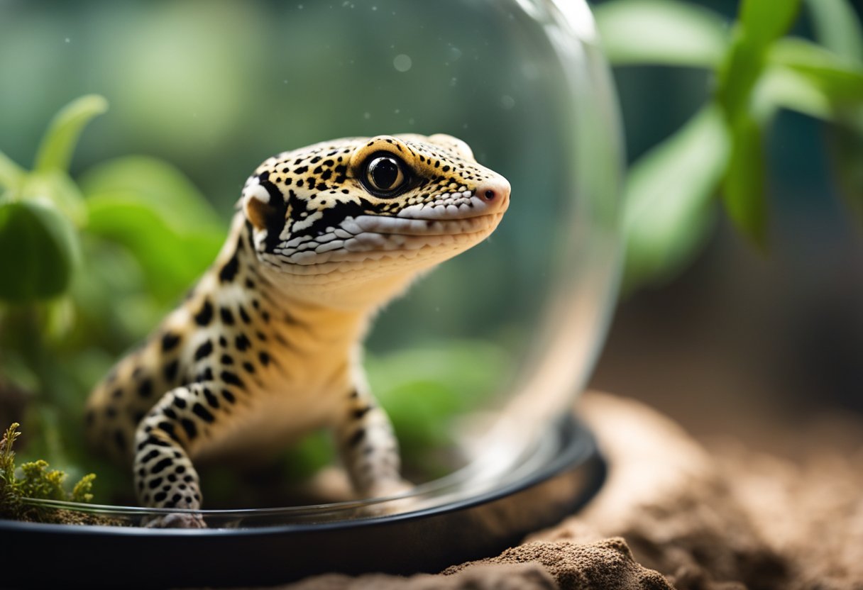 A leopard gecko sits in its terrarium, its empty food dish nearby. It looks alert but slightly lethargic, indicating it may be nearing the end of its ability to go without eating