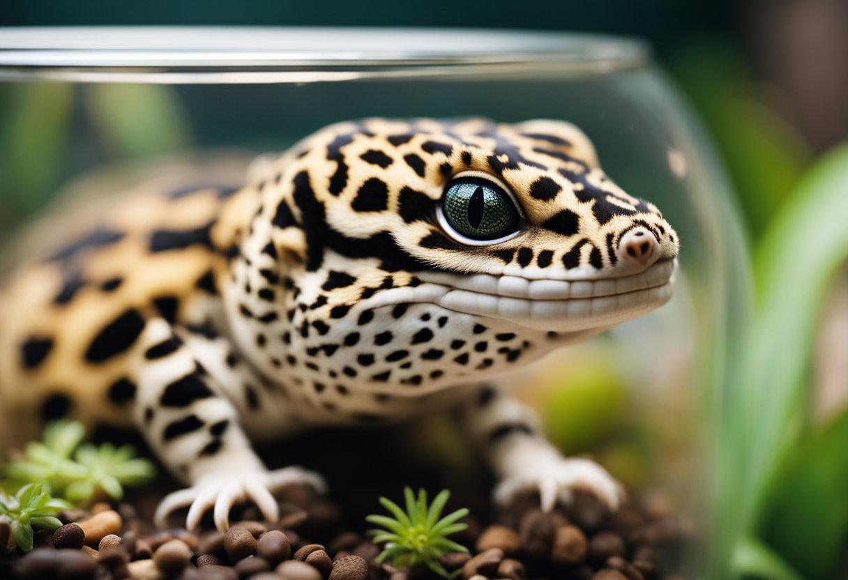 A leopard gecko sits in a barren terrarium, ribs visible, with an empty food dish