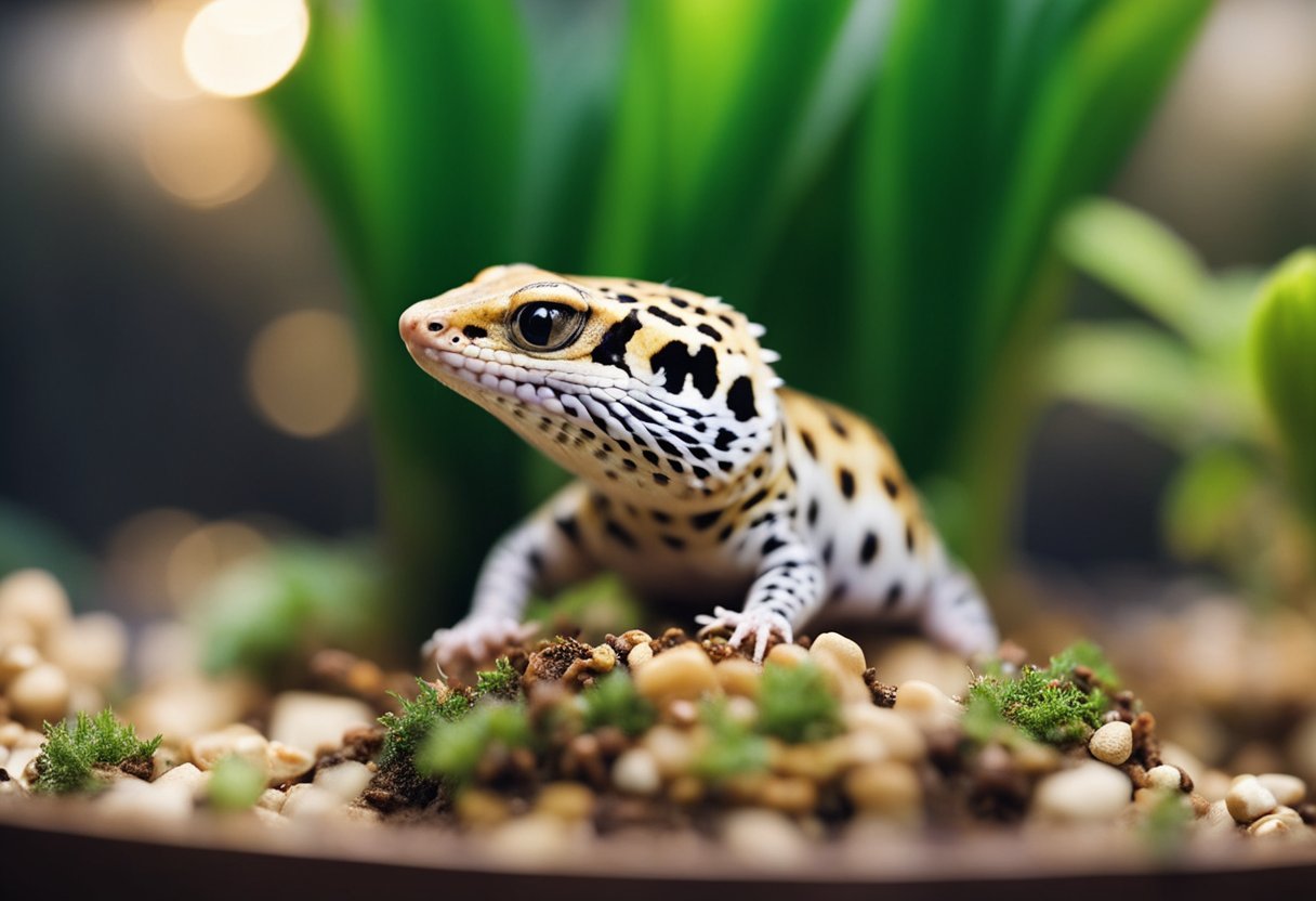 A leopard gecko sits in its terrarium, its food dish filled with live insects. It looks healthy and well-fed, showcasing proper feeding practices