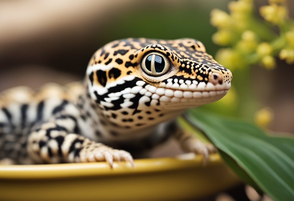 A leopard gecko sits in its habitat, its eyes drooping and body appearing lethargic. Its empty food dish sits nearby, indicating it has not eaten in an extended period