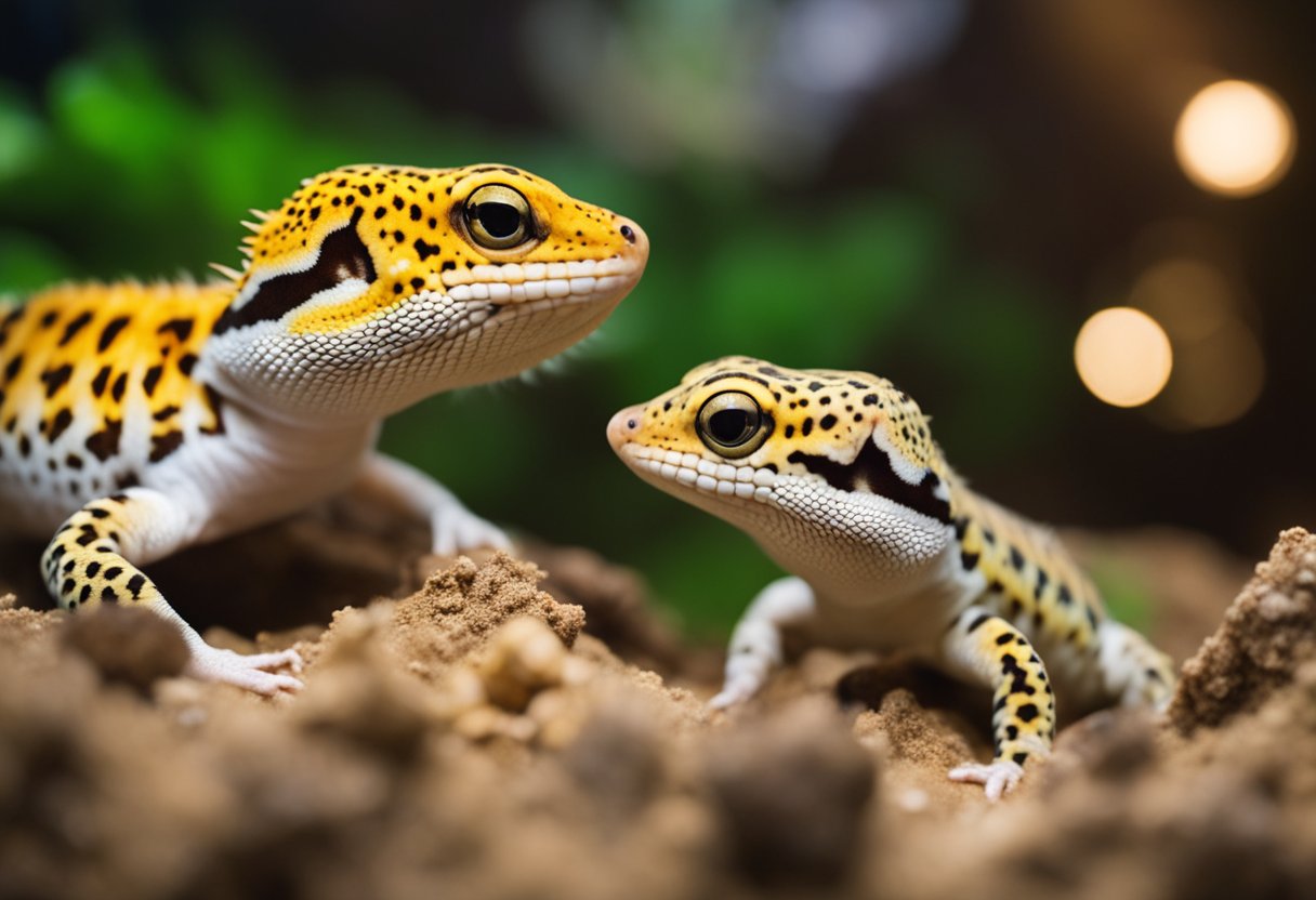 Two leopard geckos mating in a terrarium. Sand substrate, hiding spots, and heat lamp visible