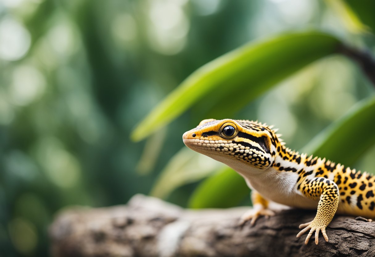 A leopard gecko sits on a branch, with a price tag and licensing paperwork nearby