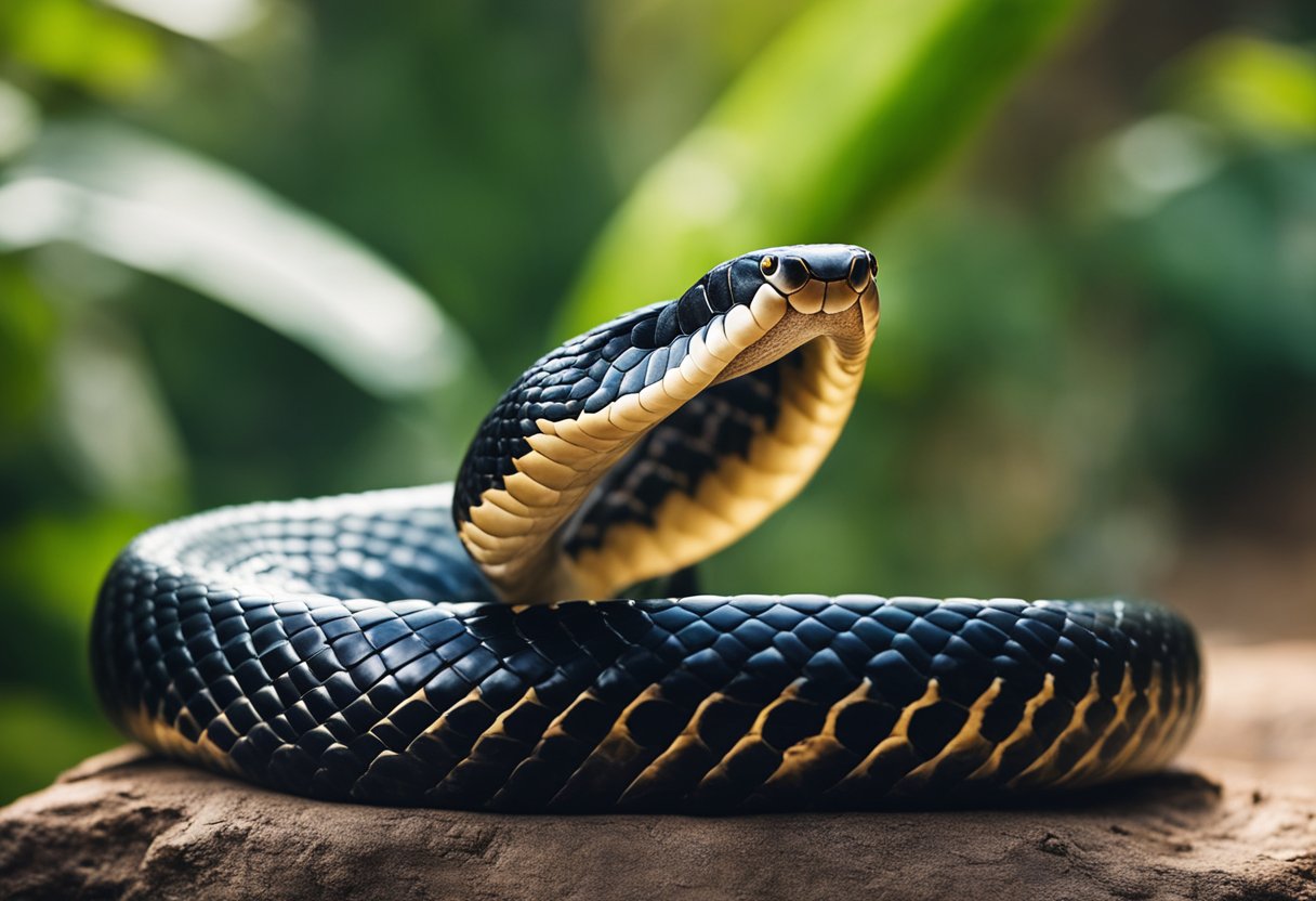 A king cobra rears up, hood spread, fangs bared, ready to strike. Its sleek body coils, scales glistening in the sunlight