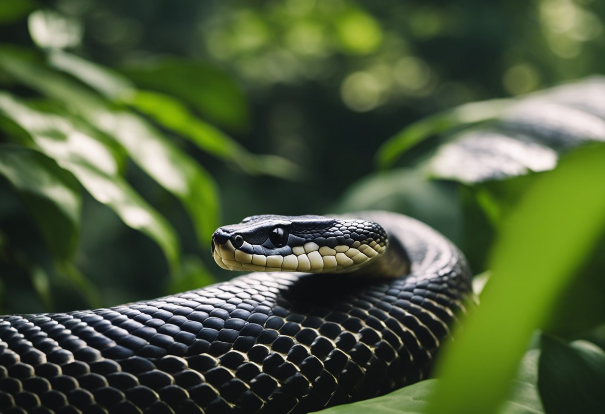 A king cobra slithers through a dense jungle, its scales reflecting the dappled sunlight. The texture of its skin is rough and scaly, with shadows cast along its sleek body