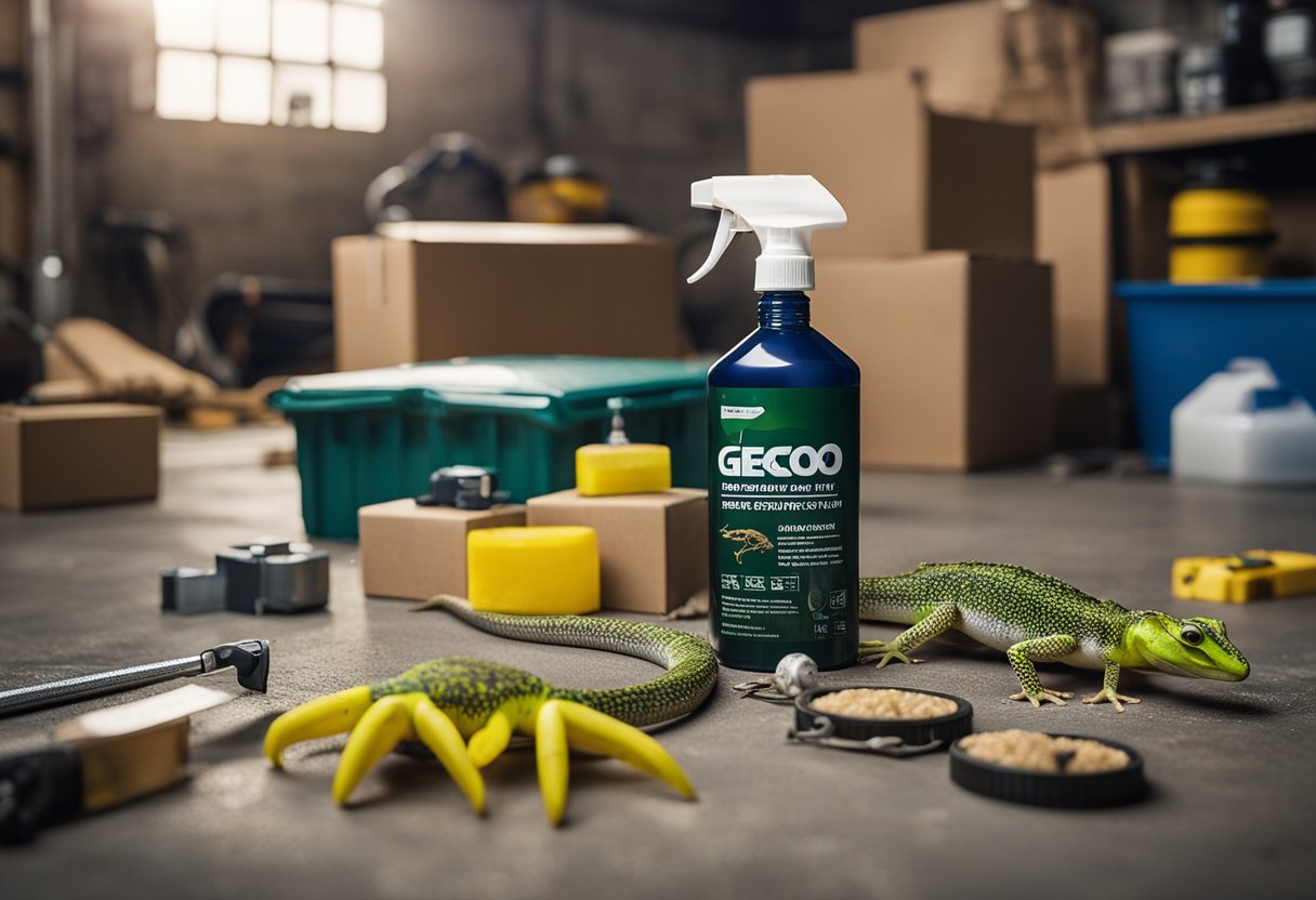 A gecko trap is set with sticky pads and bait. A spray bottle of repellent sits nearby. The scene is set in a cluttered garage with tools and boxes scattered around