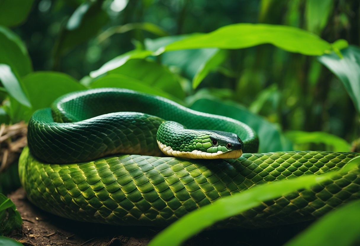 The king cobra slithers through dense, tropical foliage, its hood flared as it surveys its territory. The vibrant green and yellow scales of the reptile stand out against the lush, vibrant backdrop of the rainforest