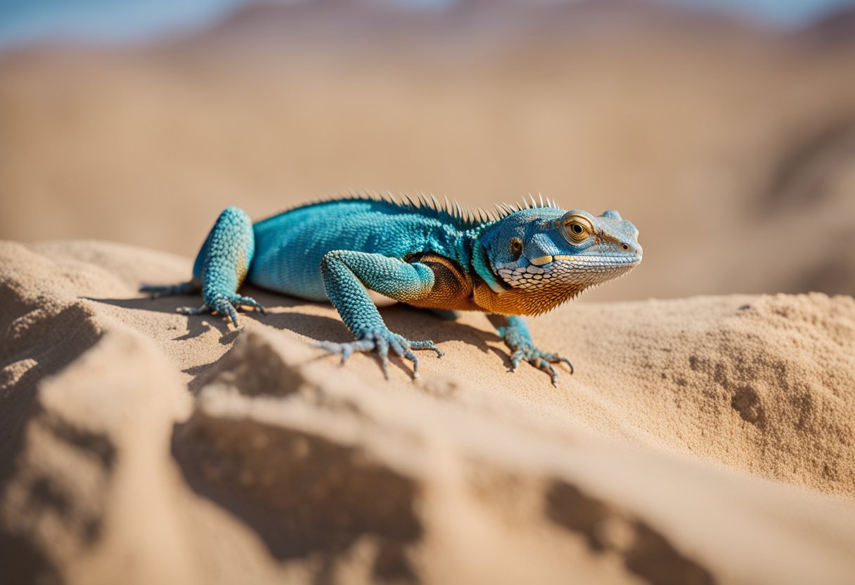 A brightly colored agama lizard perched on a rock in the desert, with sand dunes and a clear blue sky in the background