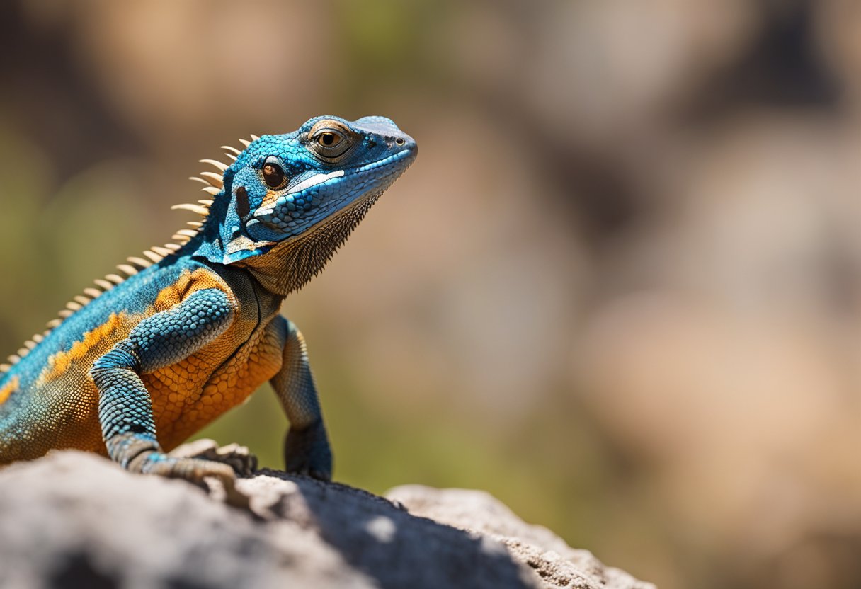 A painted agama perches on a rocky outcrop, basking in the sun with its vibrant scales reflecting the light