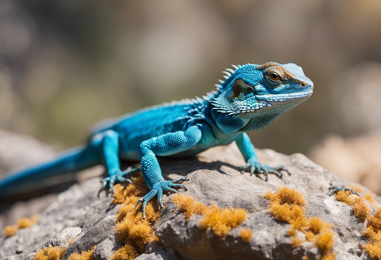 A vibrant painted agama perched on a rocky outcrop, basking in the sun with its scales reflecting the light