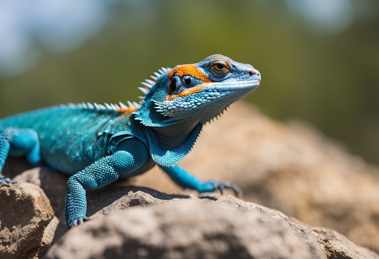 A painted agama lizard perches on a rock, its vibrant colors catching the sunlight as it observes its surroundings