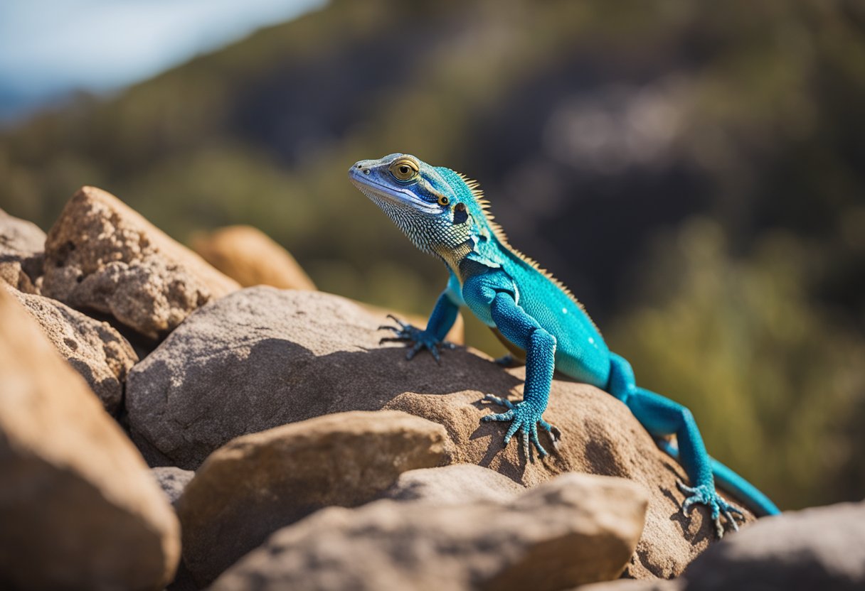 A colorful agama lizard perched on a rock, with a sign reading "Frequently Asked Questions" in the background