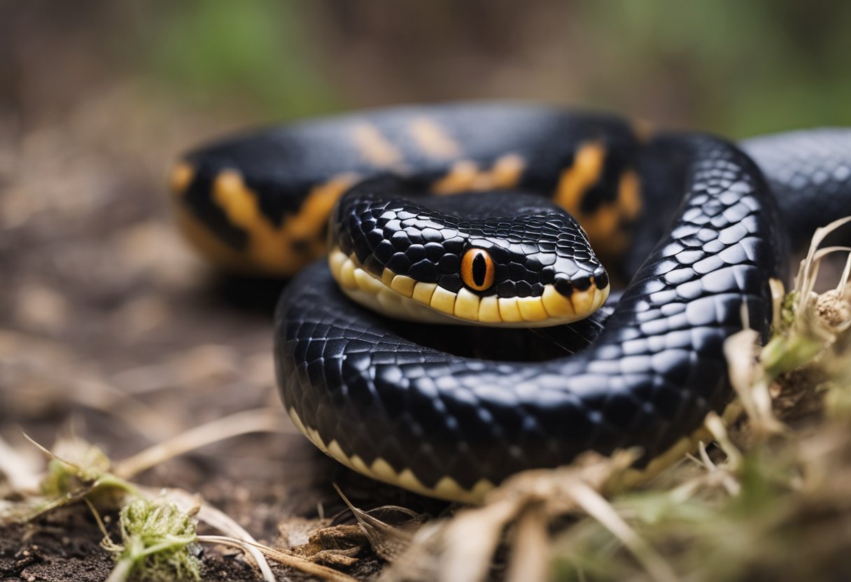 A ringneck snake bites a small prey item, its fangs piercing the skin as venom is injected