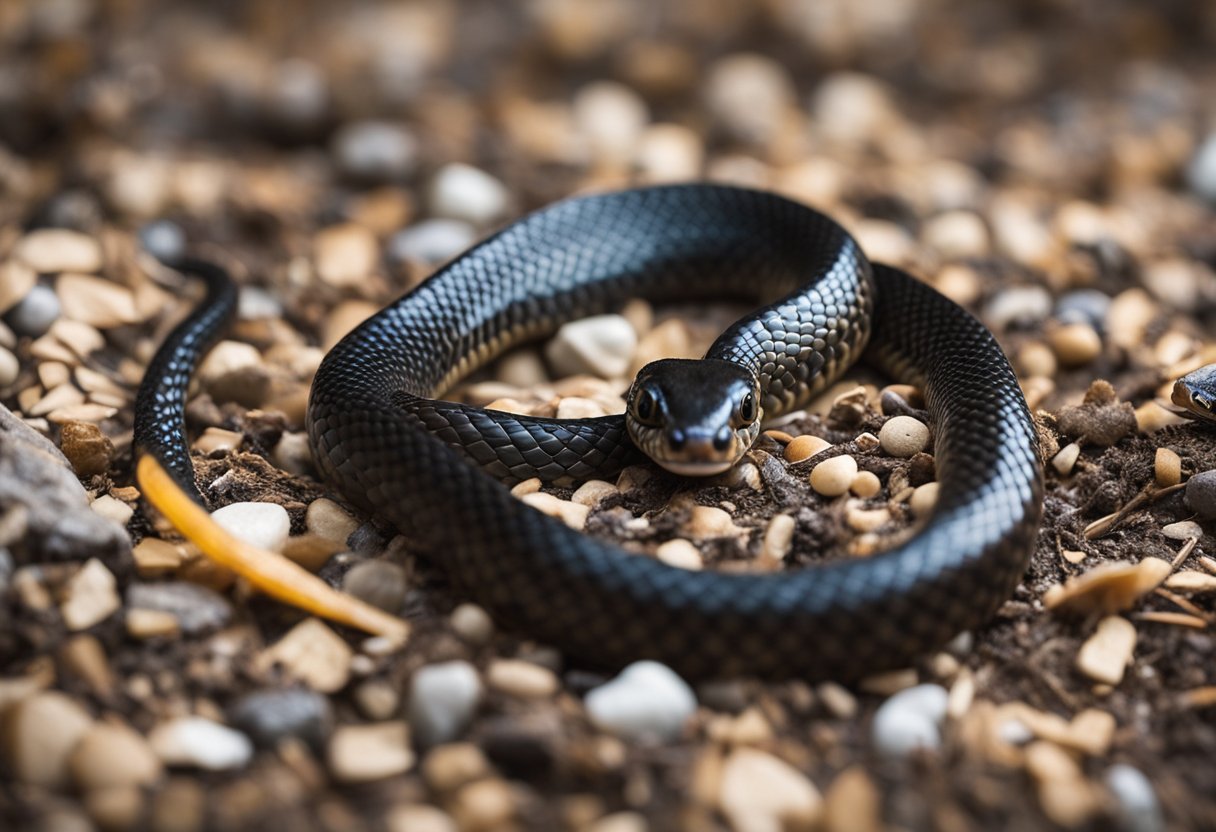 A ringneck snake slithers away from a pair of safety gloves and a first aid kit, symbolizing prevention and safety from snake bites