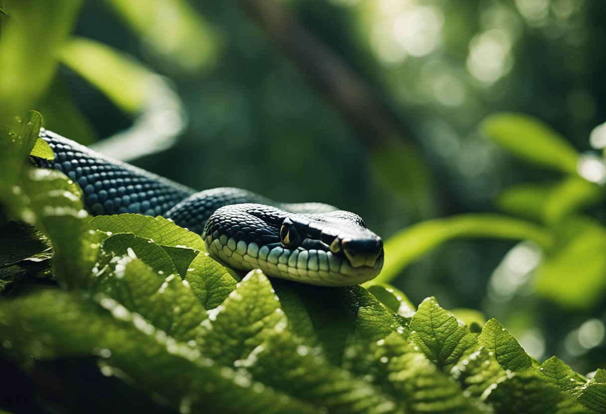 A serpent snake slithers through a dense jungle, its scales glistening in the dappled sunlight as it moves with stealth and grace