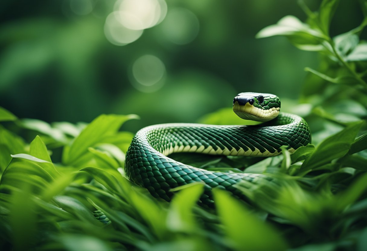 A coiled serpent snake with forked tongue and scales, slithering through lush green foliage