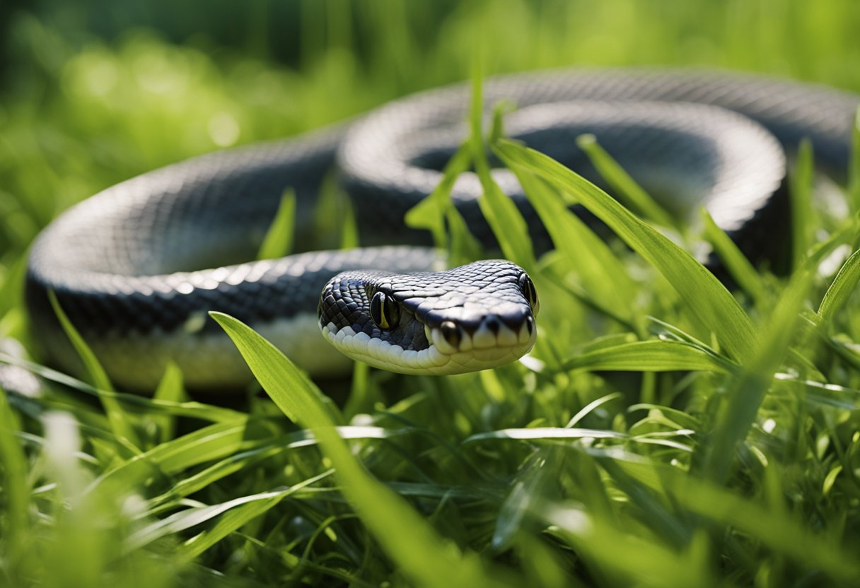 A serpent snake slithers through the grass, its scales glistening in the sunlight. Its long, sinuous body curves and twists as it moves, showcasing the intricate anatomy and physiology of this fascinating creature