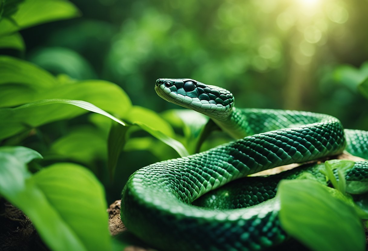 A serpent snake slithers through a lush jungle, its scales glistening in the dappled sunlight. It navigates through dense foliage, blending seamlessly into its natural habitat