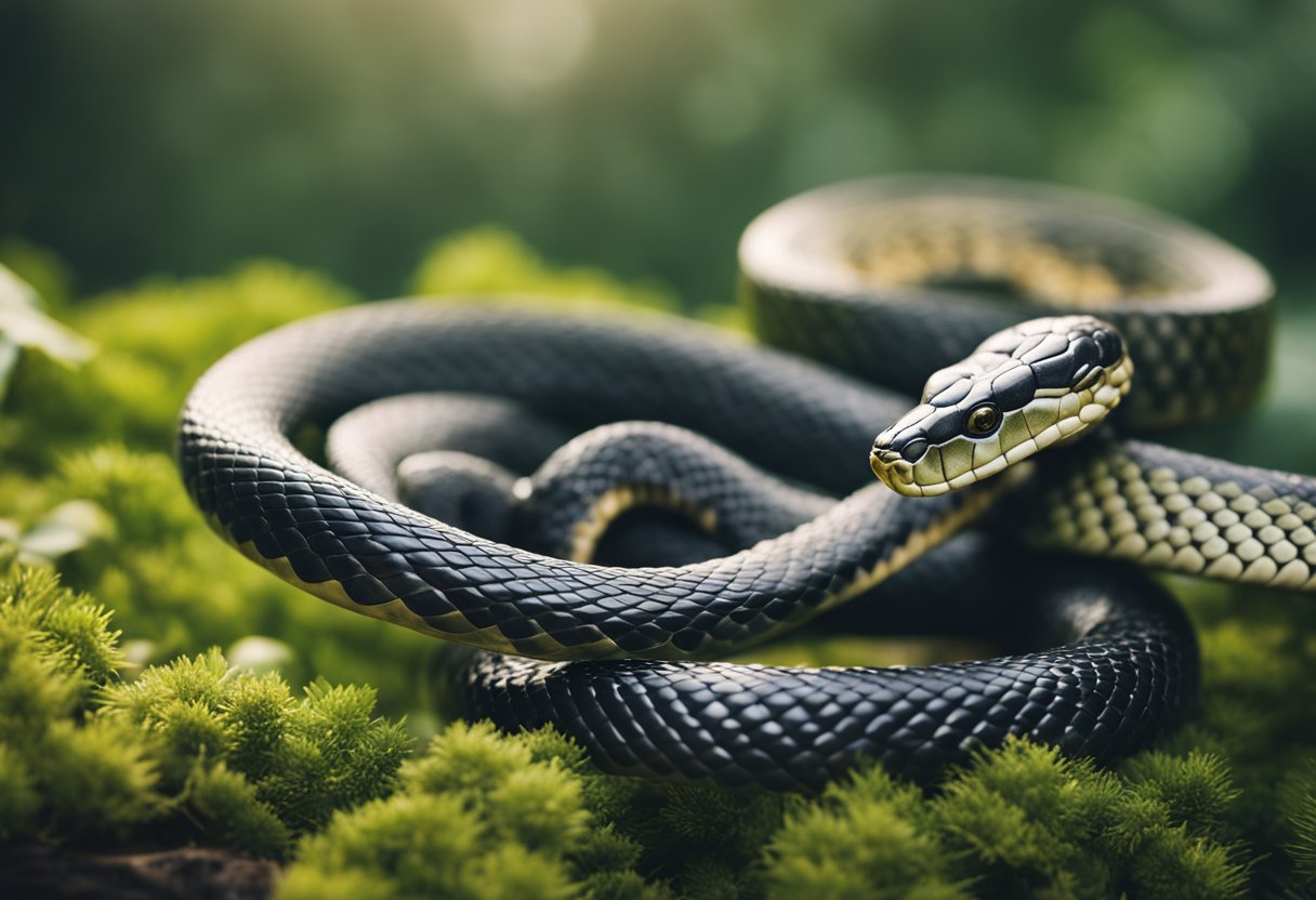 A large serpent coils around a smaller snake, ready to strike