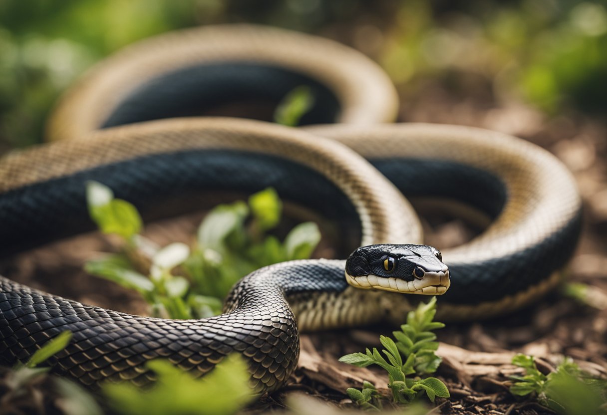 A serpent coils its body, while a snake slithers on the ground. The serpent's movements are smooth and deliberate, while the snake's are quick and jerky