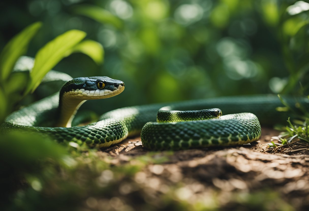 A venomous serpent slithers through a lush forest, while a harmless snake basks in the sun nearby