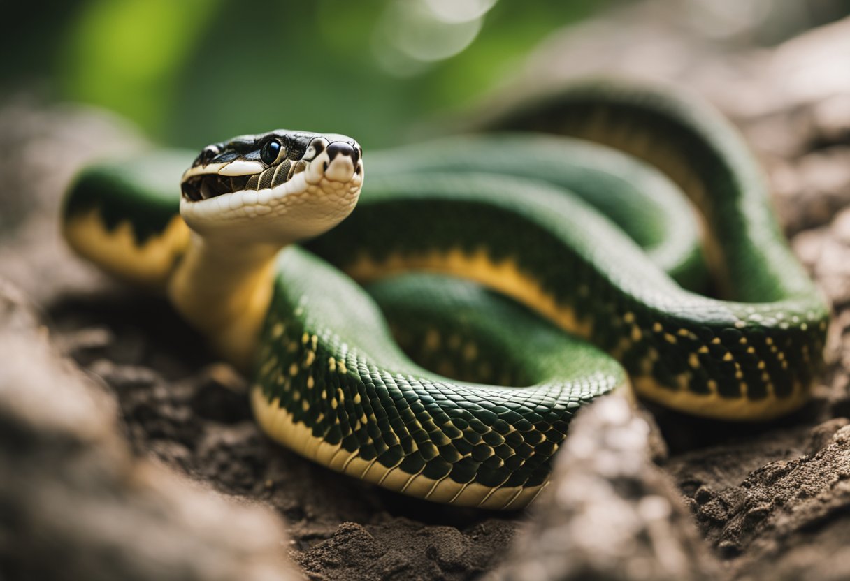 A serpent approaches a snake, hissing and coiling defensively