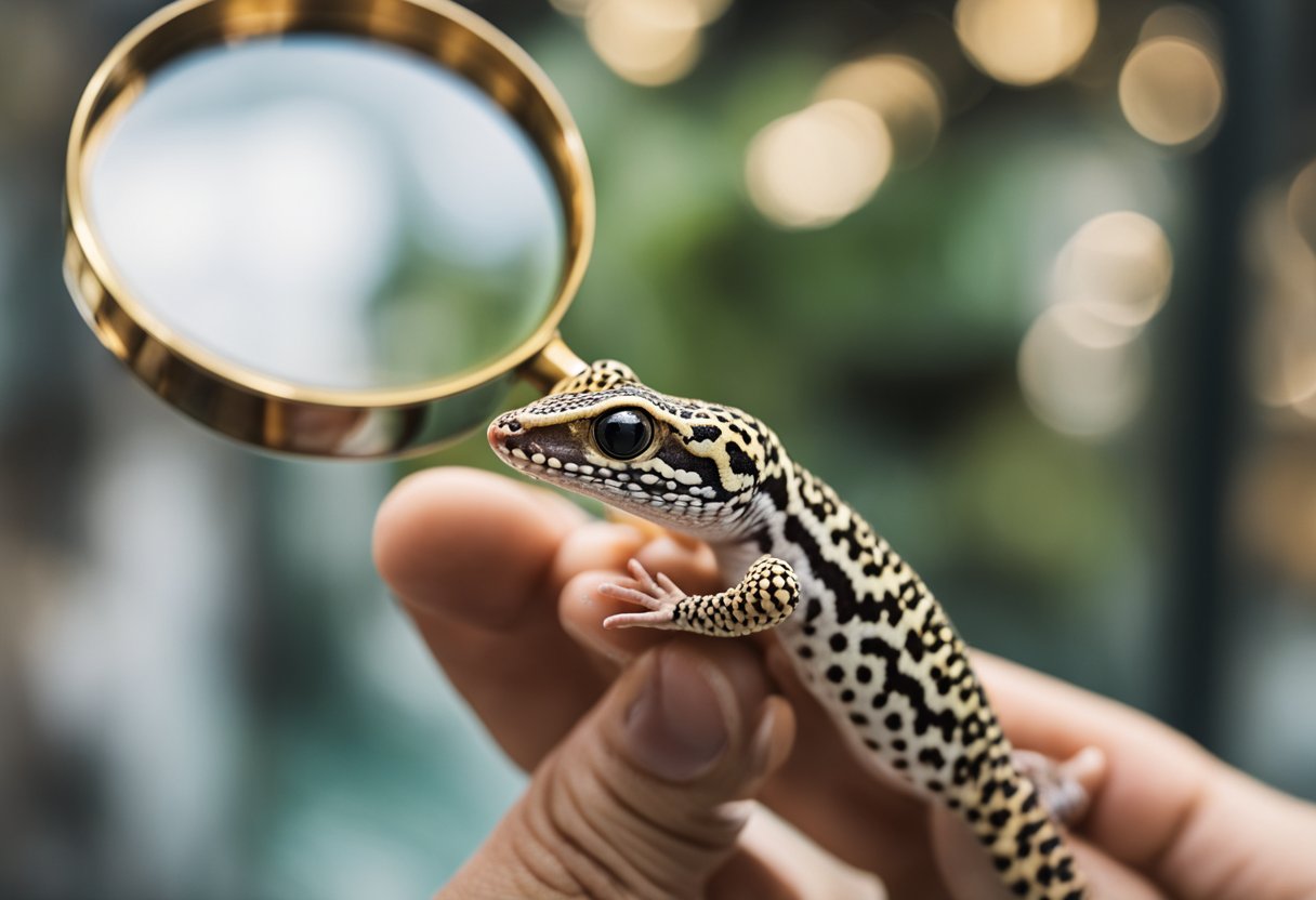 A hand holding a magnifying glass examines the underside of a leopard gecko, highlighting the key features used for sexing