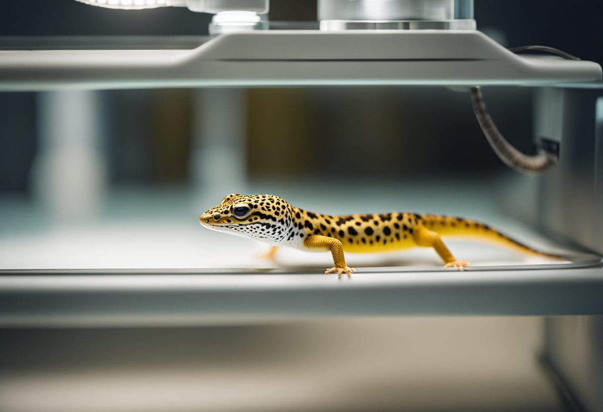 A leopard gecko is being tested for sex determination using genetic testing equipment in a lab setting