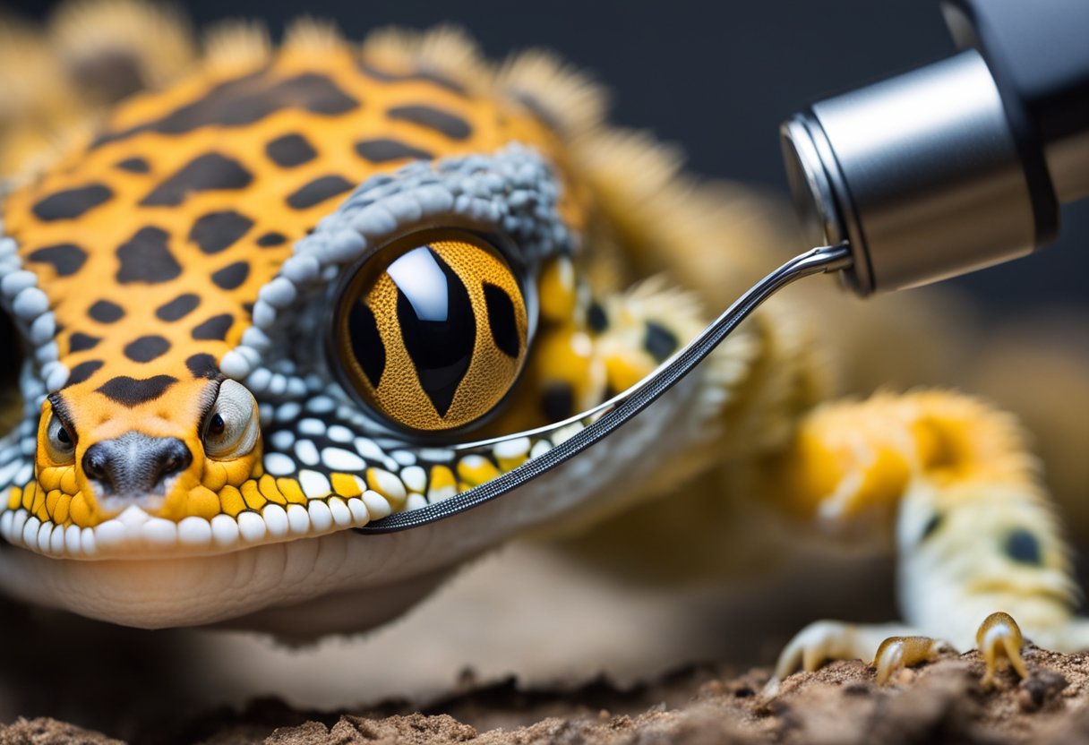 A leopard gecko is being examined for its gender, with a magnifying glass and a flashlight used to identify the subtle differences in its anatomy