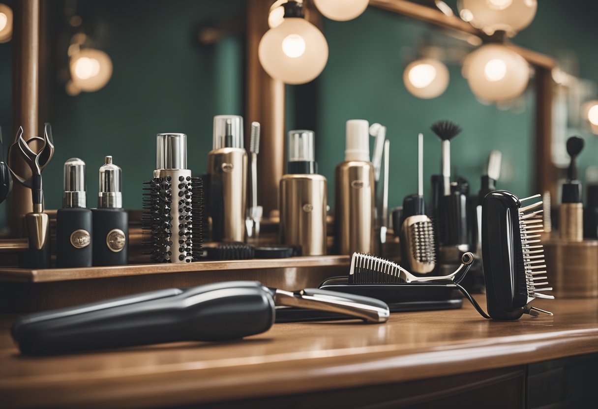 A vintage hair salon with 1950s styling tools on a counter, including hair rollers, combs, and hair spray