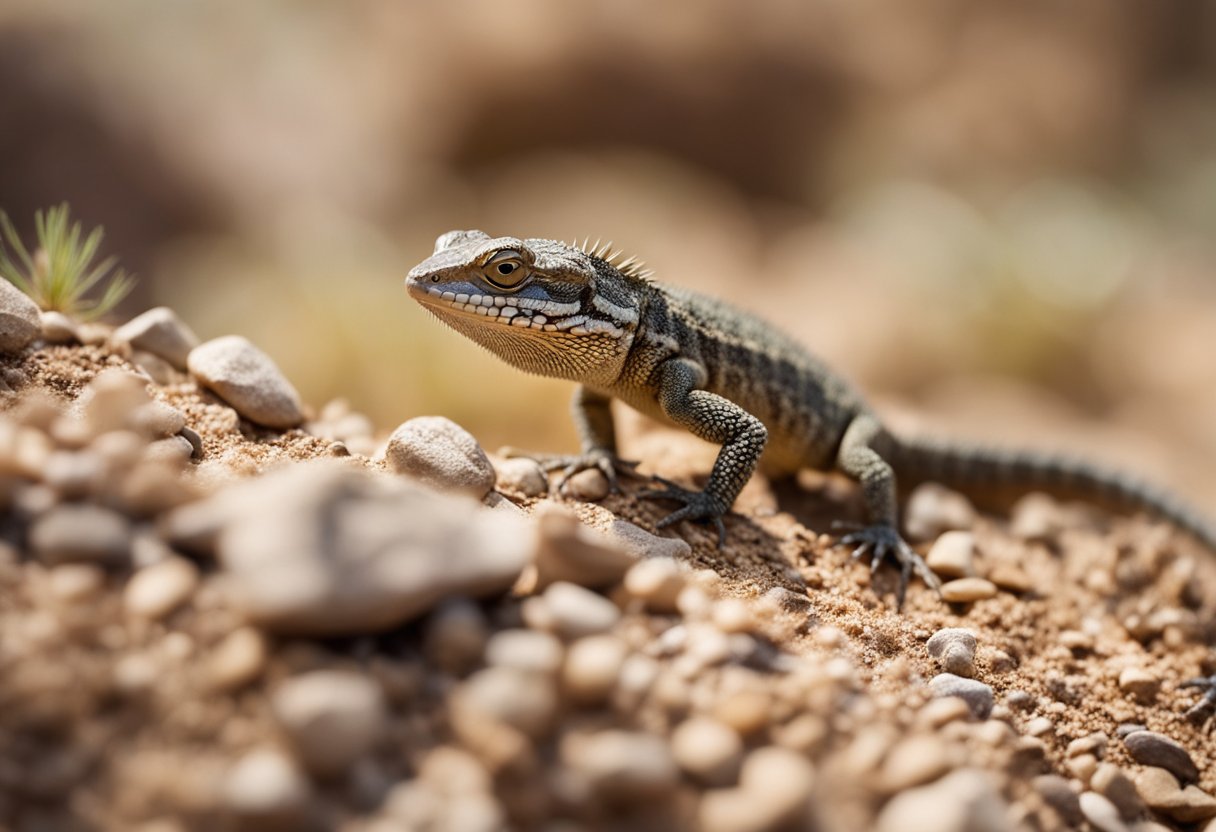 A small lizard scurries across a rocky habitat, its clawed feet gripping the uneven surface as it moves. The lizard is surrounded by dry, arid terrain, with sparse vegetation and small rocks scattered around