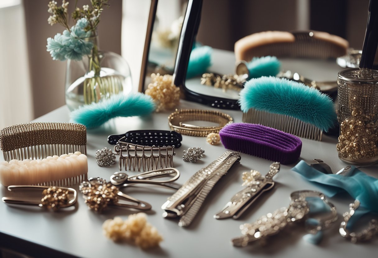 A table scattered with hair clips, scarves, and combs. A mirror reflects a short hairdo with curls and a headband