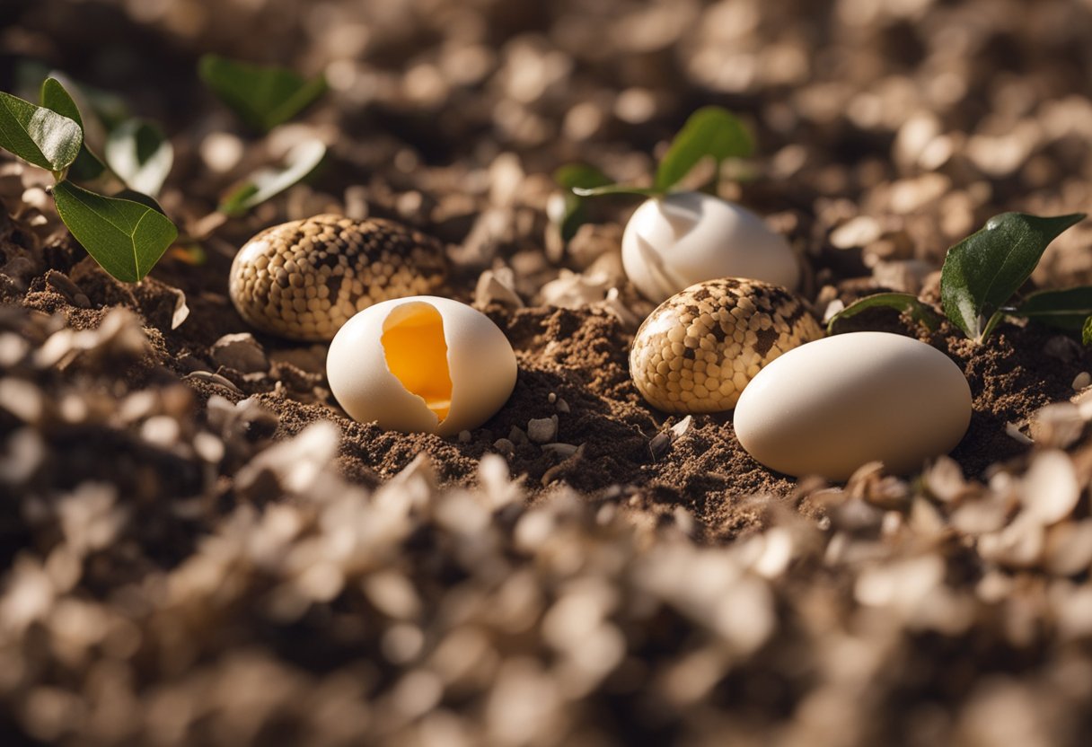 Snake eggs, small and oval, nestled in a mound of dirt and leaves. The eggs are smooth and creamy white, with a slight sheen in the sunlight
