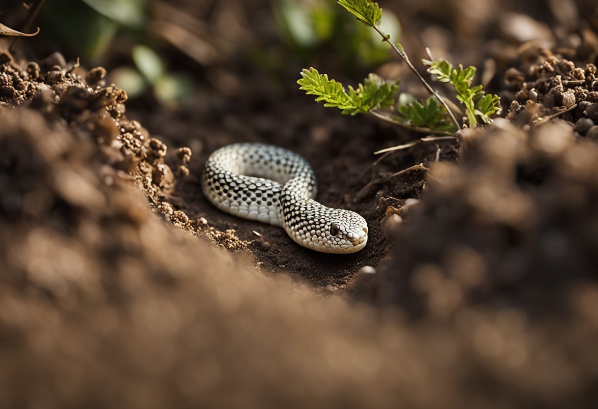 A small, oblong snake egg rests in a bed of dirt and leaves, its smooth, pale surface speckled with tiny dots