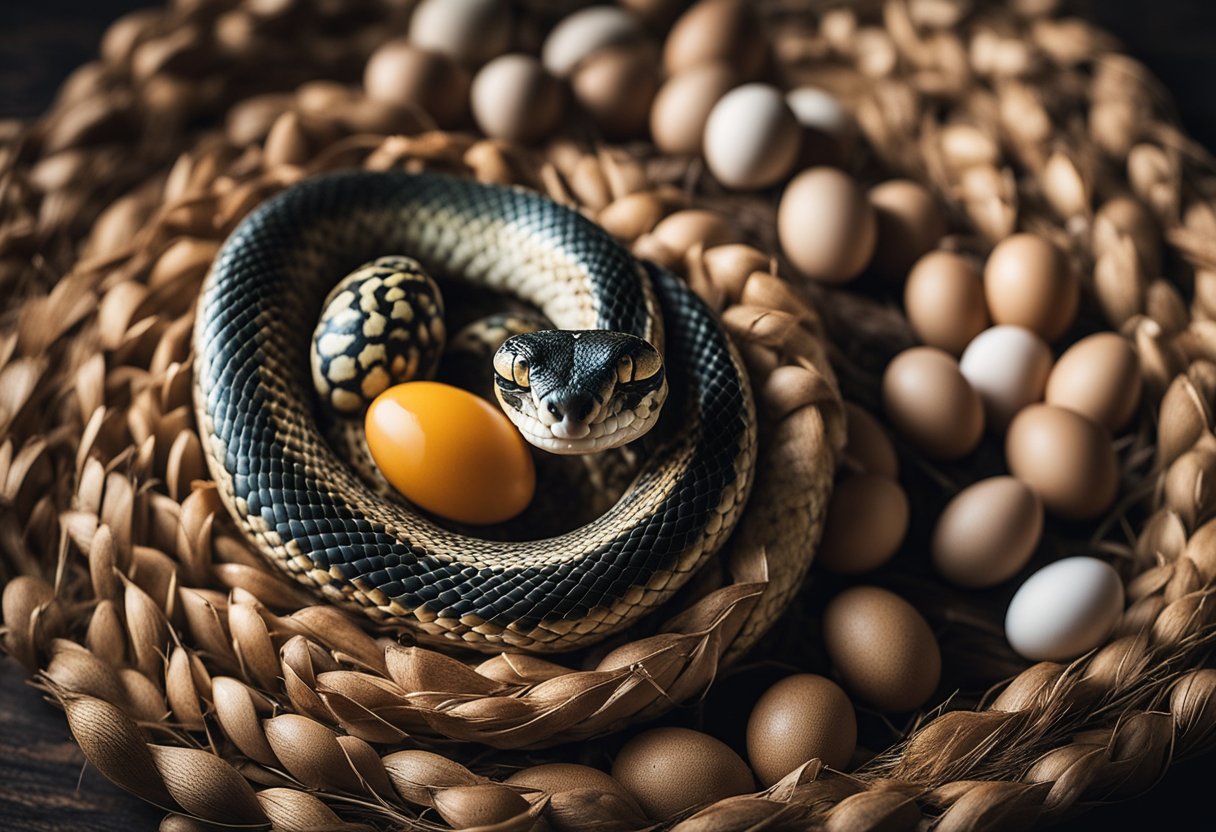 A snake coiled around a clutch of eggs, with various sizes to depict factors influencing egg size