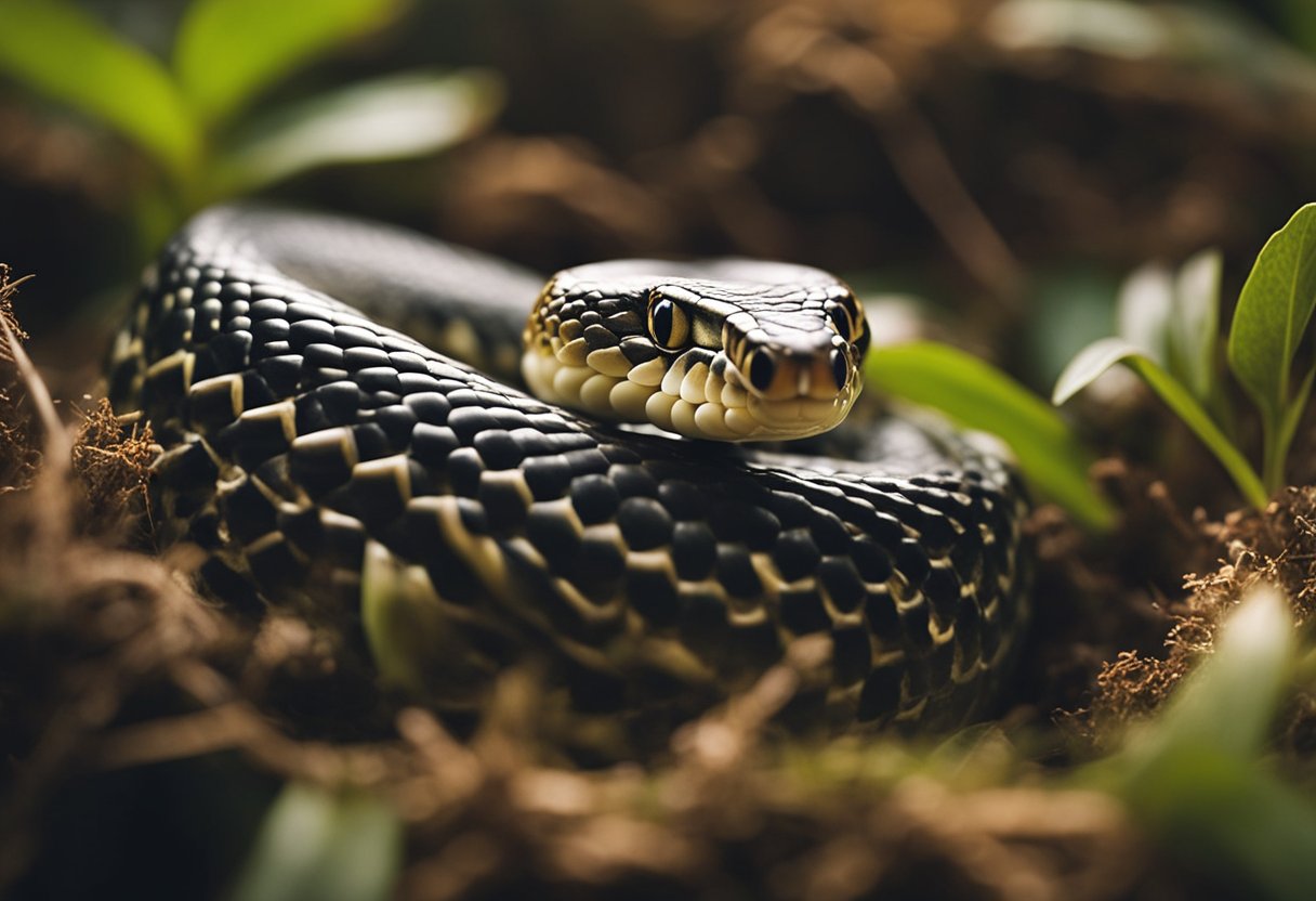 A snake coils around its clutch of eggs, carefully tending to their incubation and care. The eggs vary in size, from small to medium, resting in a warm, protected nest