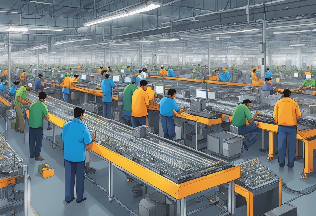 A bustling factory floor in Mumbai, with workers assembling PCBs on conveyor belts amid rows of machinery and electronic components