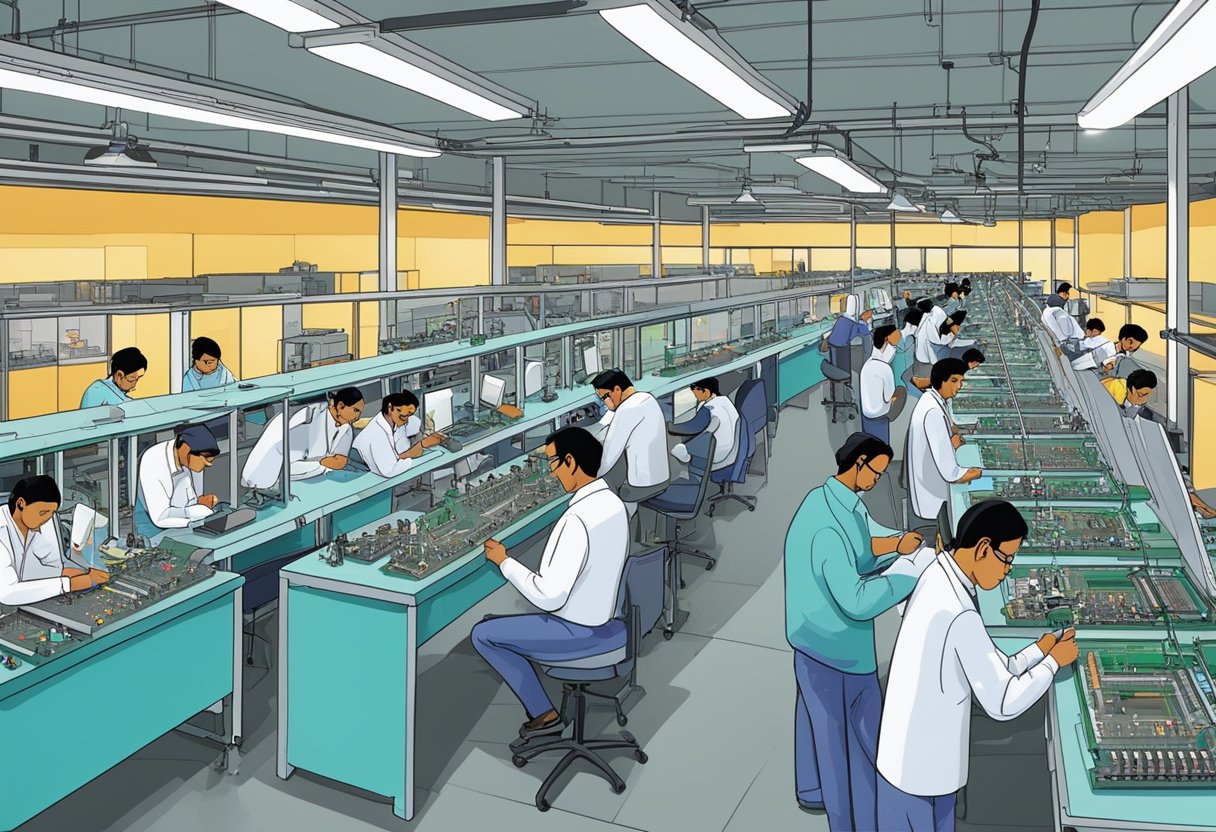 A bustling assembly line in a Mumbai PCB company, with workers soldering, testing, and packaging electronic components