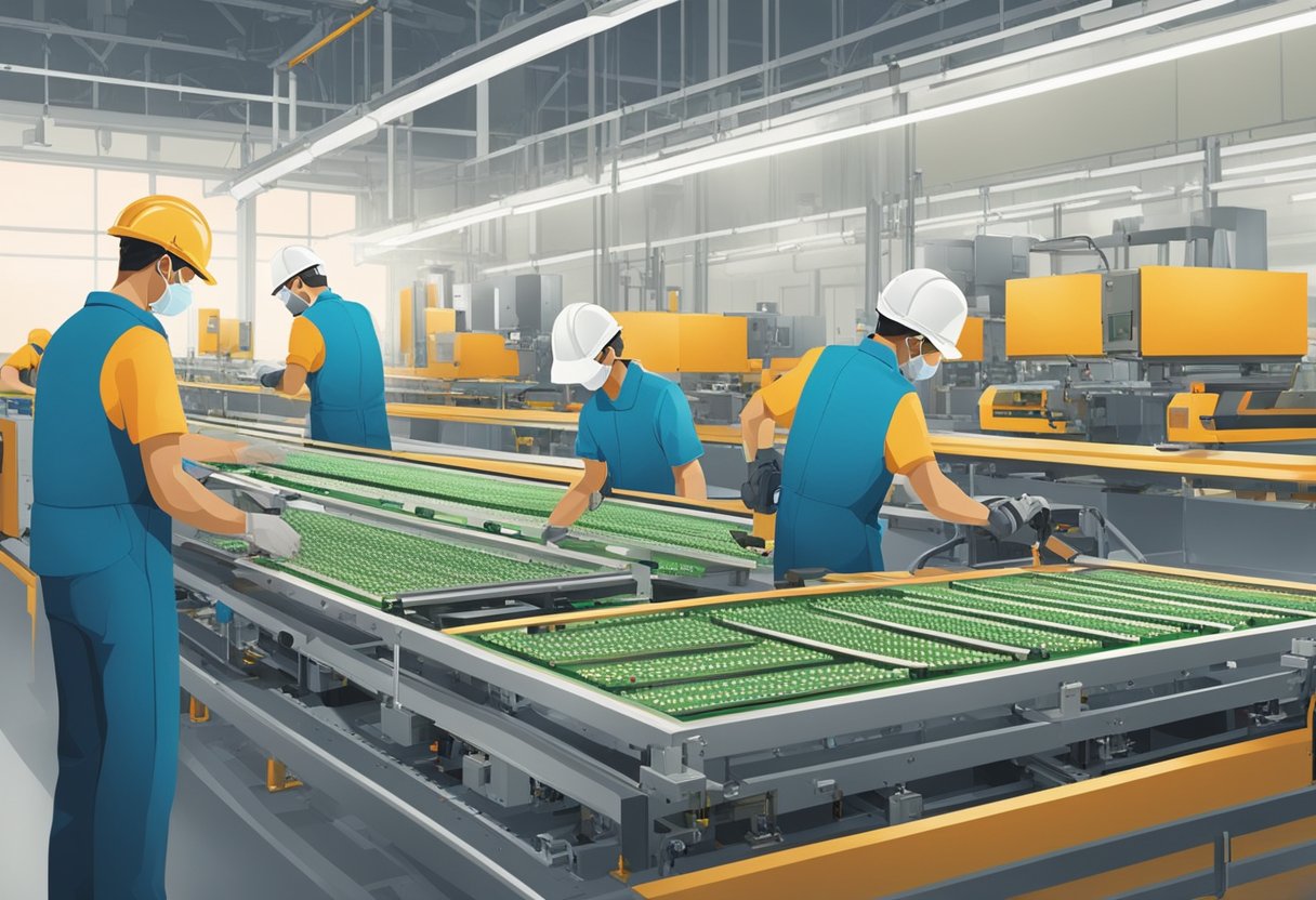 Multiple workers assemble PCBs on conveyor belts in a well-lit factory setting. Machinery hums as components are carefully placed and soldered into place