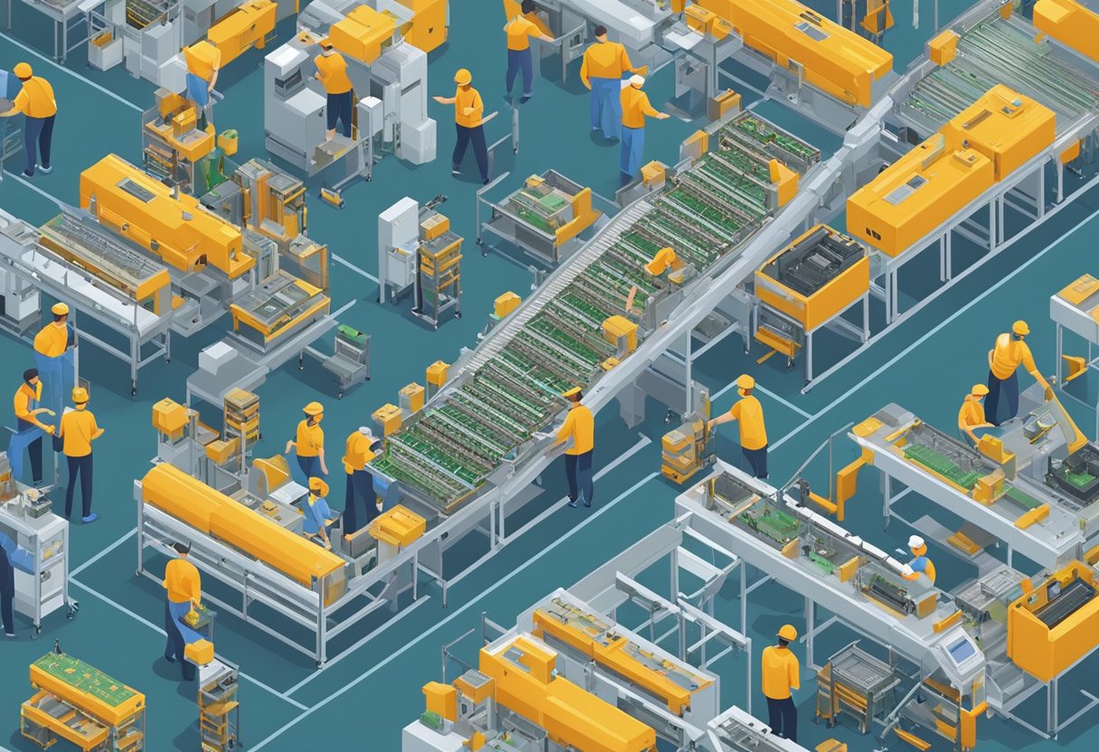 A bustling factory floor with workers assembling printed circuit boards on conveyor belts, surrounded by rows of machinery and equipment