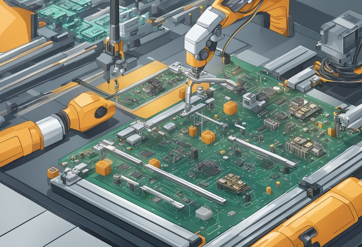 Various electronic components are being carefully placed and soldered onto a printed circuit board by robotic arms in a clean and well-lit manufacturing facility