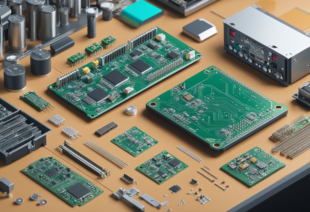Various PCB material options laid out on a workbench, including FR-4, aluminum, and flexible substrates. Soldering equipment and components are visible in the background