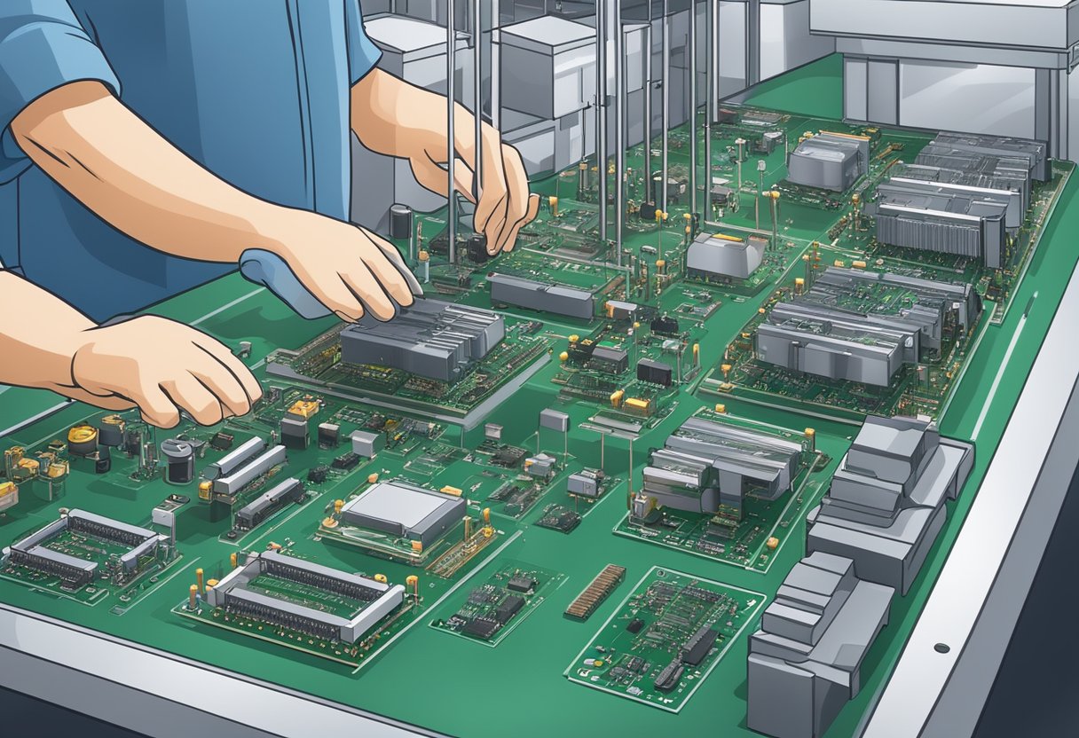 An array of electronic components being carefully assembled onto a PCB in a modern European manufacturing facility