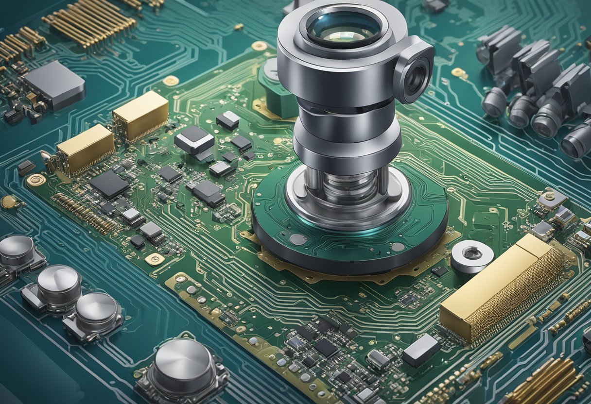 A microscope focuses on a PCB assembly, with intricate components and circuitry visible under the lens