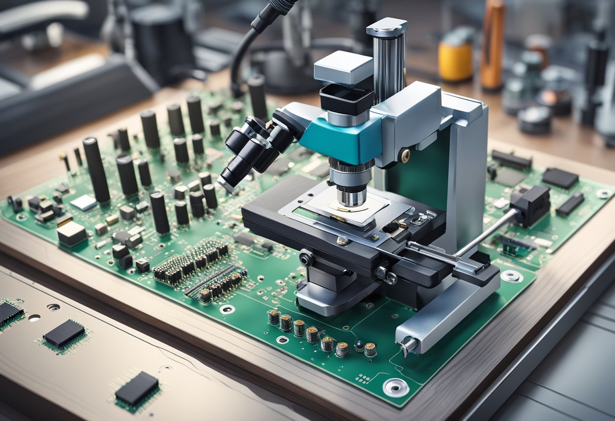 A PCB assembly microscope sits on a sturdy base, its adjustable arm extending over a circuit board. The lens is focused on tiny solder joints and components