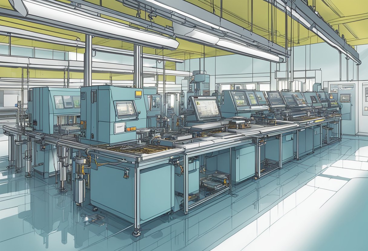 Machines etching, drilling, and soldering PCBs in a clean, well-lit facility